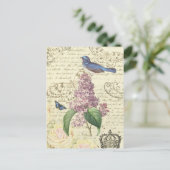 鳥ガーリーとヴィンテージ付き薄紫葉書 ポストカード (スタンド正面)