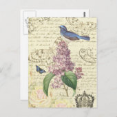 鳥ガーリーとヴィンテージ付き薄紫葉書 ポストカード (正面/裏面)