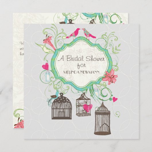 鳥ケモダンージメイソンジャールハートフローラブライダルシャワー 招待状 (正面/裏面)