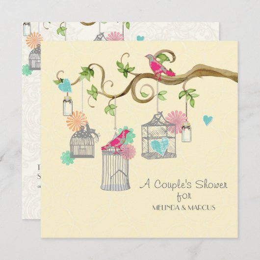 鳥ケモダンージメイソンジャールハートフローラブライダルシャワー 招待状 (正面/裏面)