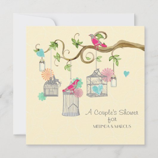 鳥ケモダンージメイソンジャールハートフローラブライダルシャワー 招待状 (正面)