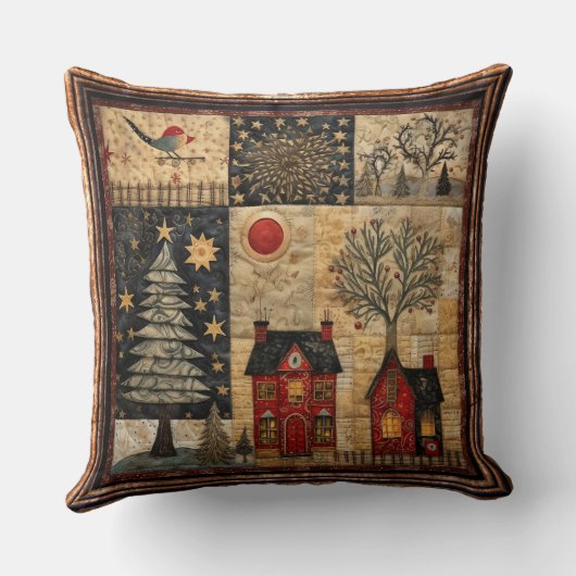 鳥サンクリスマスキルト赤い家の木の星 クッション (裏面)