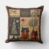 鳥サンクリスマスキルト赤い家の木の星 クッション (正面)