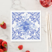 鳥ナプキン付き青と白のフローラタイル スタンダードランチョンナプキン (インサイチュ)