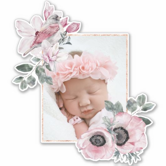 鳥パーソナライズされたと花の枠に写真を追加 シール (正面)