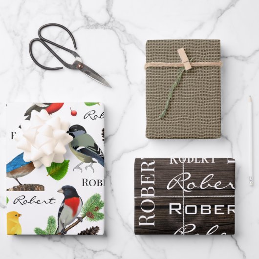 鳥パーソナライズされた、木、バーラップ ラッピングペーパーシート (正面)