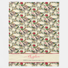 鳥ビクトリアンとバラのヴィンテージスタイルパターン フリースブランケット