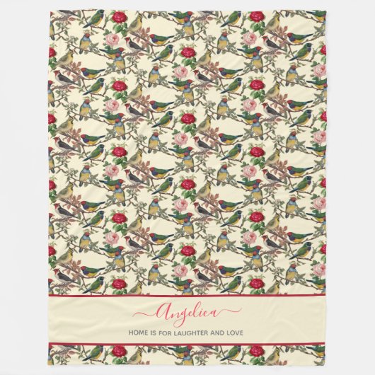 鳥ビクトリアンとバラのヴィンテージスタイルパターン フリースブランケット (正面)