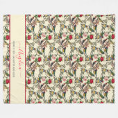 鳥ビクトリアンとバラのヴィンテージスタイルパターン フリースブランケット (正面(横))