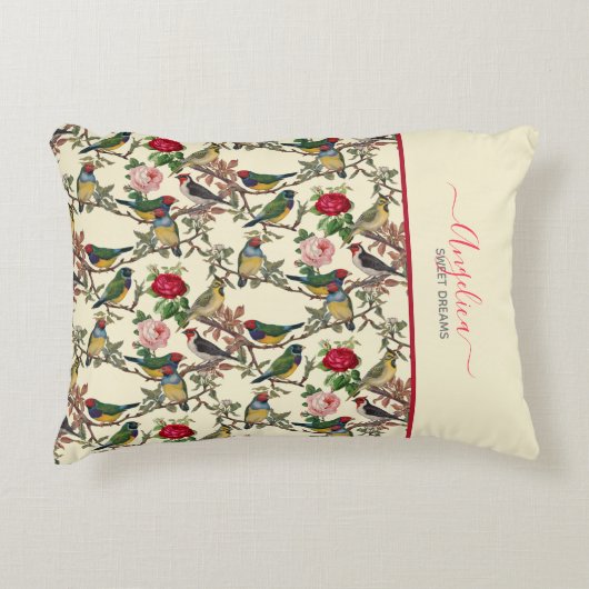 鳥ビクトリアンバラヴィンテージインスパイアクリーム アクセントクッション (正面)
