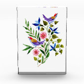 鳥ピンクと青の花水色 フォトブロック (正面)