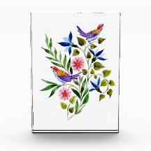 鳥ピンクと青の花水色