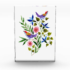 鳥ピンクと青の花水色 フォトブロック