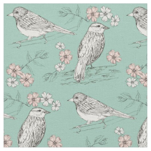 鳥ピンクの花ロビンズエッグブルー ファブリック (クローズアップ)