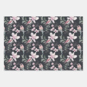 鳥ピンク花水彩植物模様 ラッピングペーパーシート (正面)
