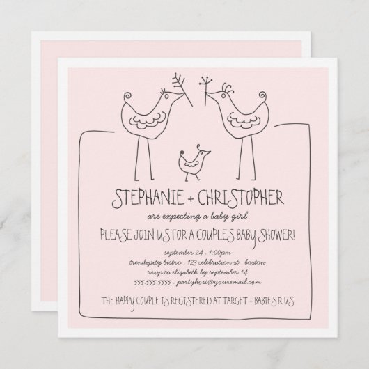 鳥ファンキーの家モダン族カップル、女の子のベビーシャワー 招待状 (正面/裏面)