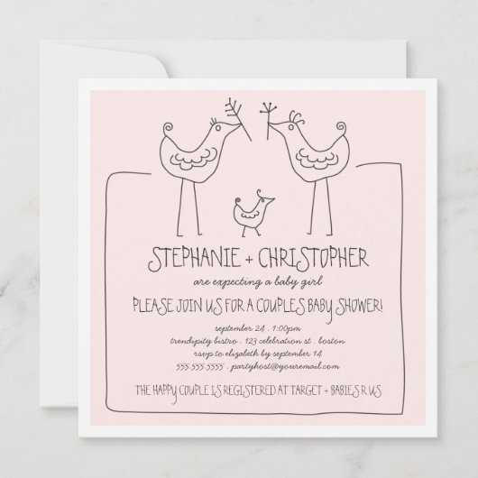 鳥ファンキーの家モダン族カップル、女の子のベビーシャワー 招待状 (正面)