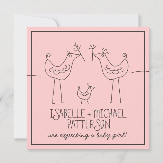 鳥ファンキーの家モダン族夫婦が女の子の赤ちゃんシャワー 招待状 (正面)