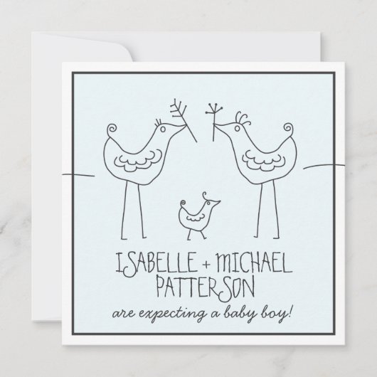 鳥ファンキー家モダン族カップル男の赤ちゃんシャワー 招待状 (正面)