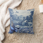 鳥フランスのの牛の木の青と白のトイルのコラージュ クッション (ブランケット)