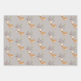 鳥付きクリスマスシカ ラッピングペーパーシート