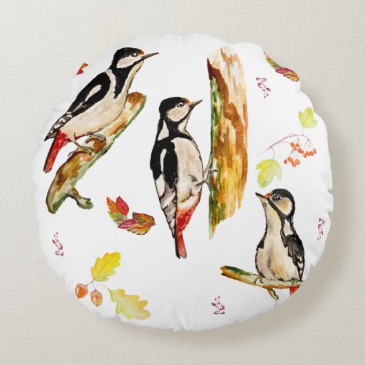 鳥付き水彩模様 ラウンドクッション (正面)
