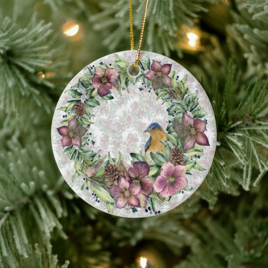 鳥付き水色ヘレボアフローラリース セラミックオーナメント (ツリー)