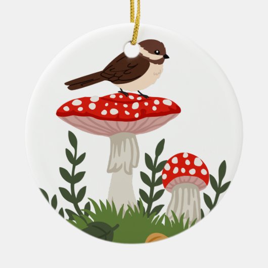 鳥及びキノコ セラミックオーナメント (正面)