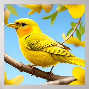 鳥好きな人へのギフトにぴったりな黄色い鳴き鳥の自然を感じるデザイン ポスター