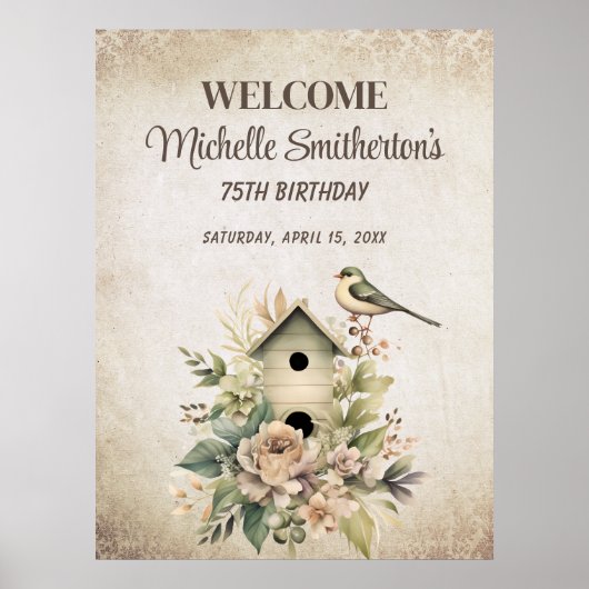 鳥小屋のボタニカル・ナチュラルな75歳の誕生日 ポスター (正面)
