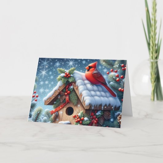 鳥小屋の冬の赤いショウジョウコウカンチョウのクリスマス シーズンカード (正面)