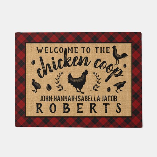 鳥小屋の雌鶏の赤いバッファローの点検の格子縞の国 ドアマット (正面)