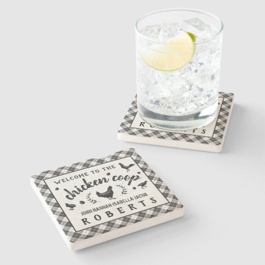 鳥小屋の雌鶏の黒いバッファローの点検の格子縞の国 ストーンコースター (横)