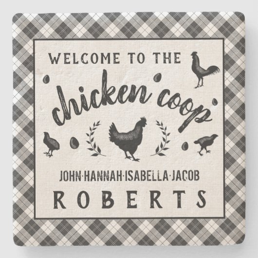 鳥小屋の雌鶏の黒いバッファローの点検の格子縞の国 ストーンコースター (正面)