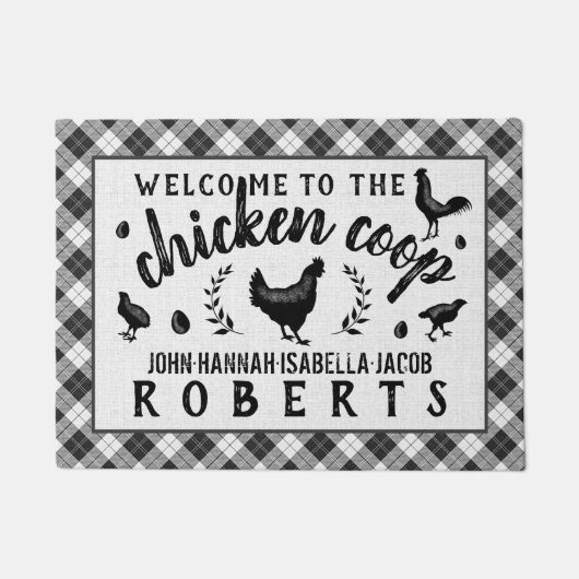 鳥小屋の雌鶏の黒いバッファローの点検の格子縞の国 ドアマット (正面)