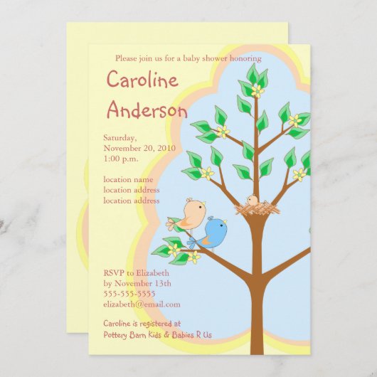 鳥族のベビーシャワー招待状 招待状 (正面/裏面)