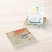 鳥日本の付き水色ヴィンテージプリント ガラスコースター (アングル)