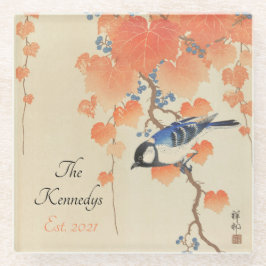 鳥日本の付き水色ヴィンテージプリント ガラスコースター