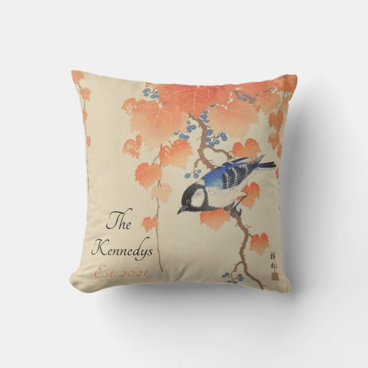 鳥日本の付き水色ヴィンテージプリント クッション (正面)