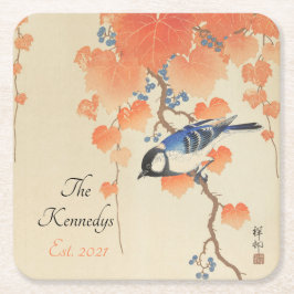 鳥日本の付き水色ヴィンテージプリント スクエアペーパーコースター