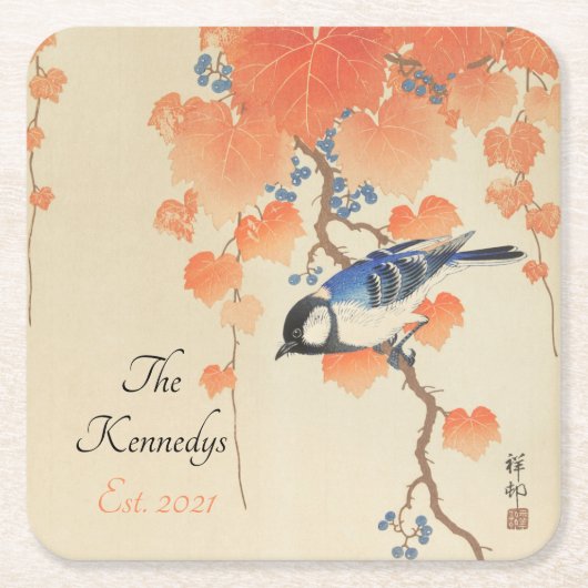 鳥日本の付き水色ヴィンテージプリント スクエアペーパーコースター (正面)