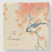 鳥日本の付き水色ヴィンテージプリント ストーンコースター (正面)