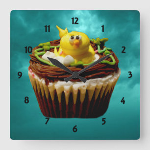 鳥時計付きカップケーキ スクエア壁時計