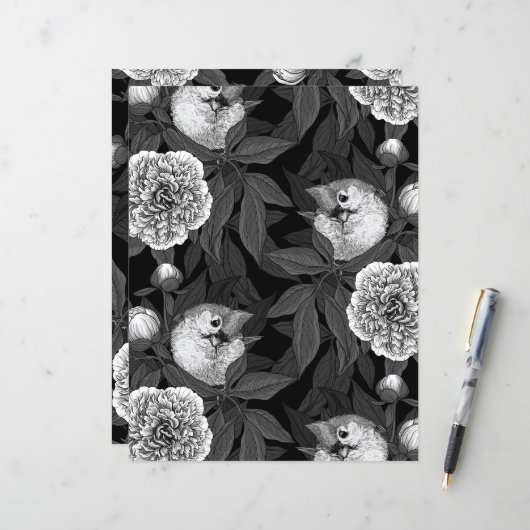 鳥牡丹の花モノクロ灰色 (正面/裏面インサイチュ)