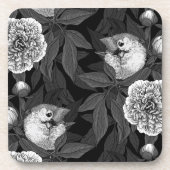 鳥牡丹の花モノクロ灰色 コースター (正面)