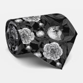 鳥牡丹の花モノクロ灰色 ネクタイ (ロール)