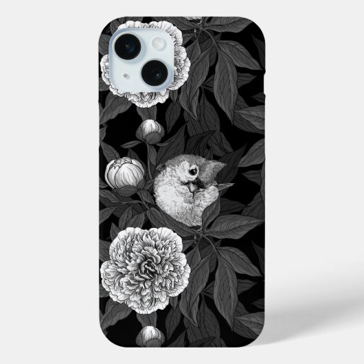 鳥牡丹の花モノクロ灰色 Case-Mate iPhoneケース (裏面)