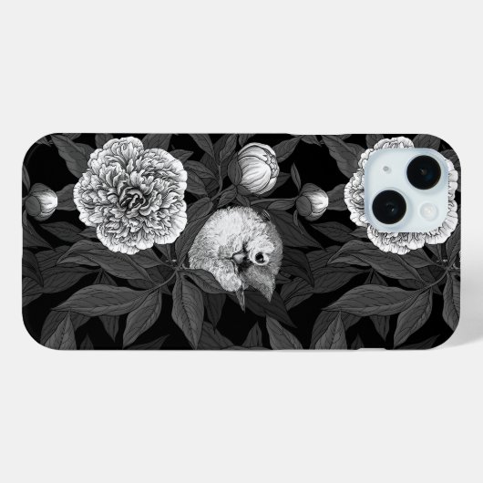 鳥牡丹の花モノクロ灰色 Case-Mate iPhoneケース (裏面 (横))
