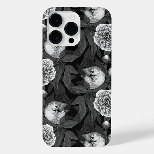 鳥牡丹の花モノクロ灰色 iPhoneケース (裏面)