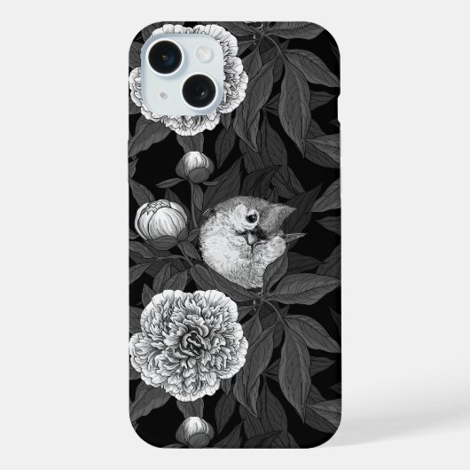 鳥牡丹の花モノクロ灰色 iPhoneケース (裏面)